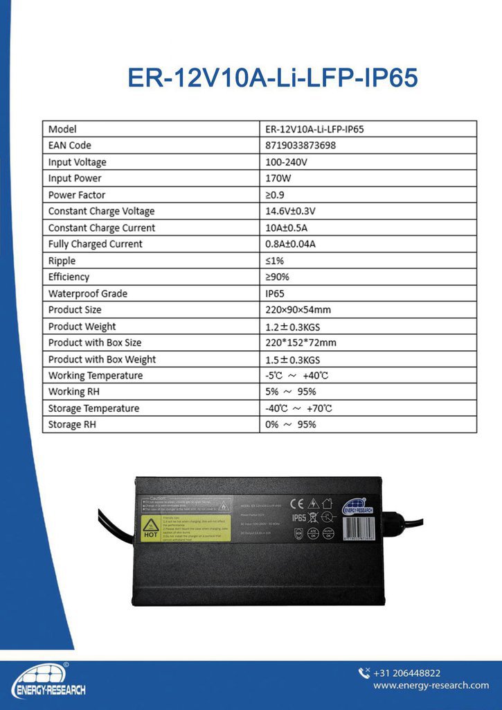 Litija akumulatora lādētājs ENERGY RESEARCH LITHIUM 12V 10A - LiFePO4